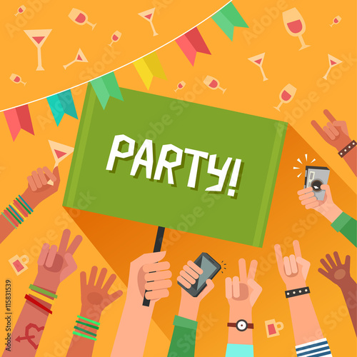 Youth party concept. A lot of hands of young people with a placard for text. Colorful vector illustration in flat style