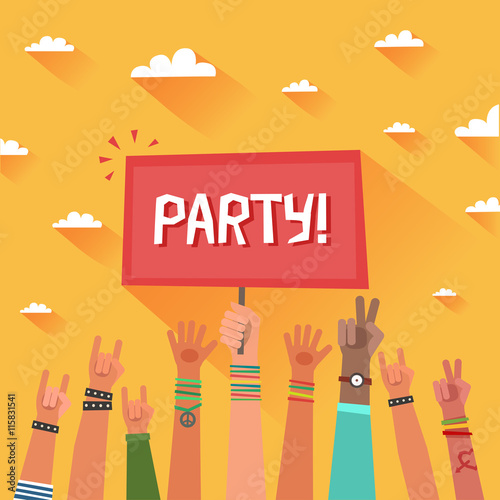 Youth party concept. A lot of hands of young people with a placard for text on summer sky backgrounds. Colorful vector illustration in flat style