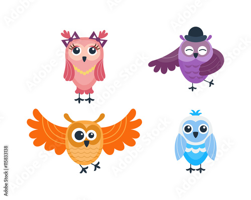 Cute vector funny cartoon owls. Animal character cartoon owl comic funny collection. Doodle cheerful bird cartoon owl. Adorable different owl various expression bird