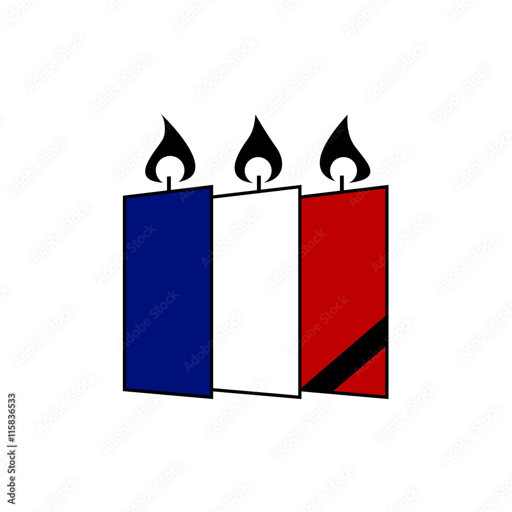 French national tragedy. Burning candles in French flag colors. Isolated on white background. Flat style vector illustration. French national tragedy. Burning candles in French flag colors. Isolated on white background. Flat style vector illustration.