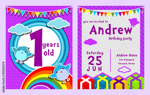 purple theme bird cloud birthday kids invitation card