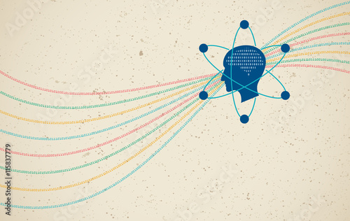 Data science and communication concept with scientist head and flow of information.