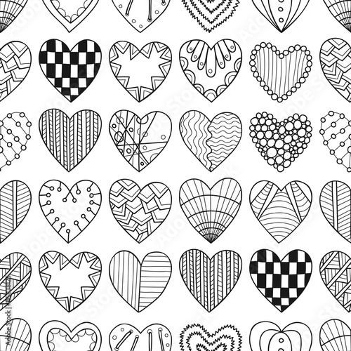 Seamless black, white pattern with decorative hearts for coloring book.
