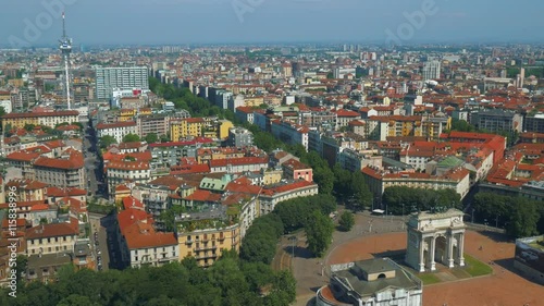 Milan aerial rooftop panorama ending at Arch of Peace
