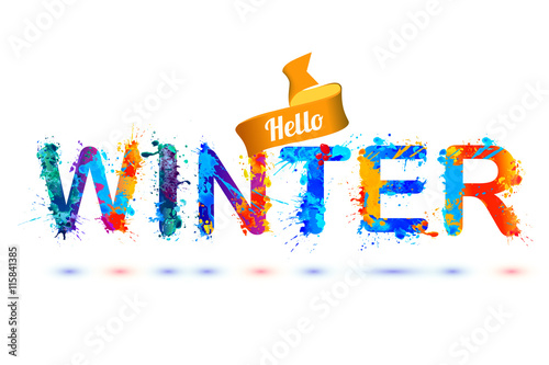 Hello winter. Vector watercolor splash paint inscription