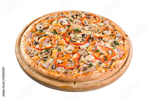 pizza with mushrooms on a wooden board