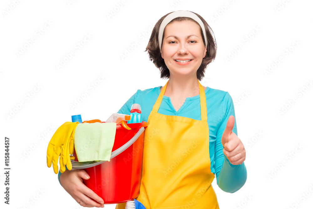 portrait of a happy housewife, before cleaning house isolated portrait of a happy housewife, before cleaning house isolated