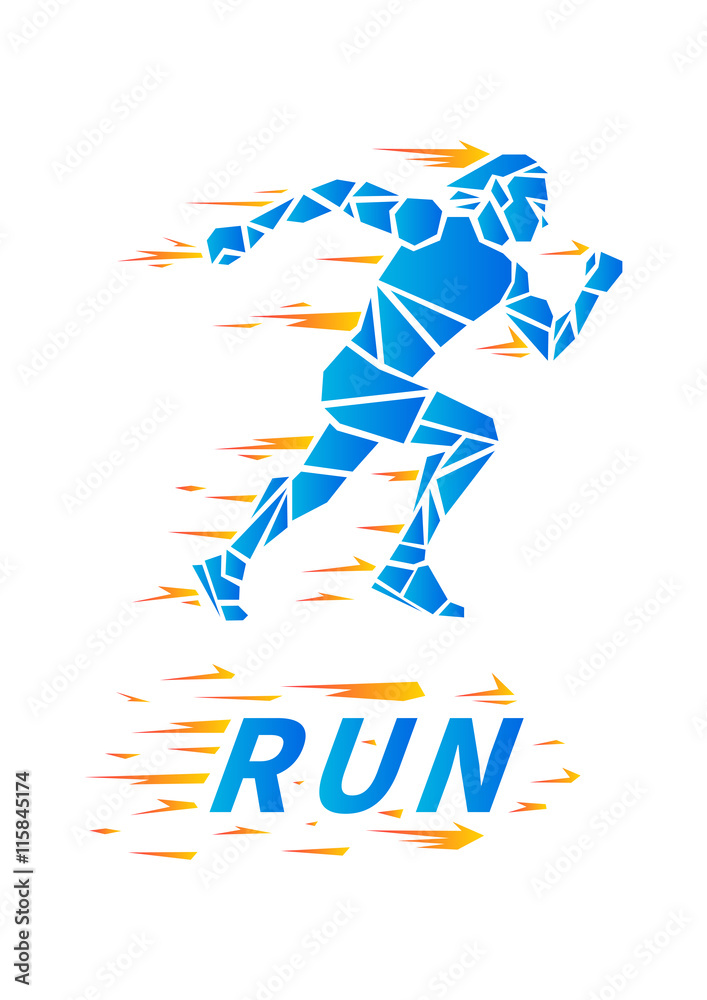 Running man with splashes vector illustration. Sportsman sprinter silhouette. Runner (marathon racer) creative concept for sport advertising poster, banner, flyer, leaflet, placard, poster.
