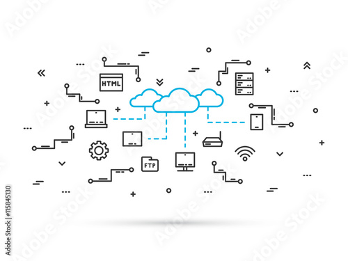 Cloud storage technology line vector illustration. Network communication between digital devices (desktop, router, phone, tablet, laptop) concept. Cloud data infrastructure line art design.