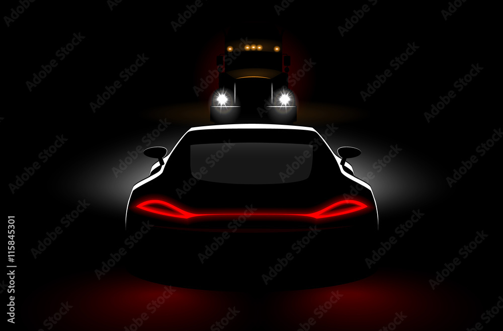 cars to a meeting a truck accident in the dark with the headlights and taillights cars to a meeting a truck accident in the dark with the headlights and taillights