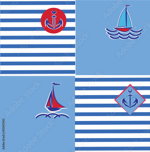 Sea icon.Vector. Четыре emblem. Anchor and sailboats on a blue and on striped background.