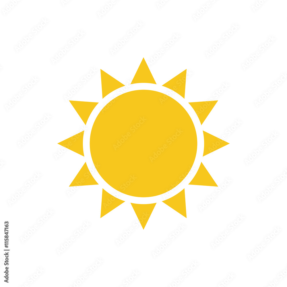 Sun icon. Light sign with sunbeams. Yellow design element, isolated on white background. Symbol of sunrise, heat, sunny and sunset, sunlight. Flat modern style for weather forecast Vector Illustration Sun icon. Light sign with sunbeams. Yellow design element, isolated on white background. Symbol of sunrise, heat, sunny and sunset, sunlight. Flat modern style for weather forecast Vector Illustration