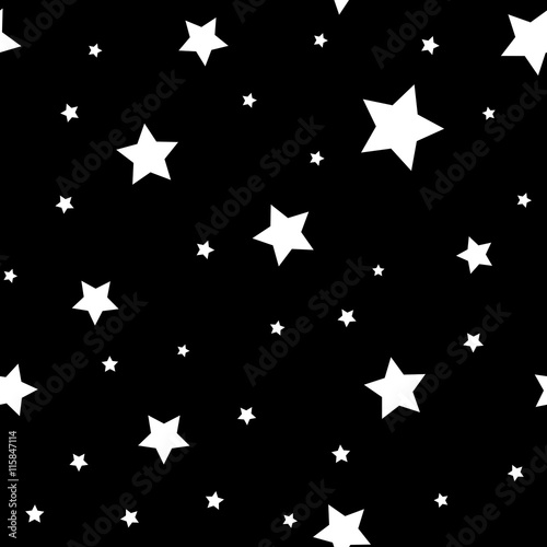 Star seamless pattern. Black and white retro background. Chaotic elements. Abstract geometric shape texture. Effect of sky. Design template for wallpaper, wrapping, fabric, textile Vector Illustration © alona_s