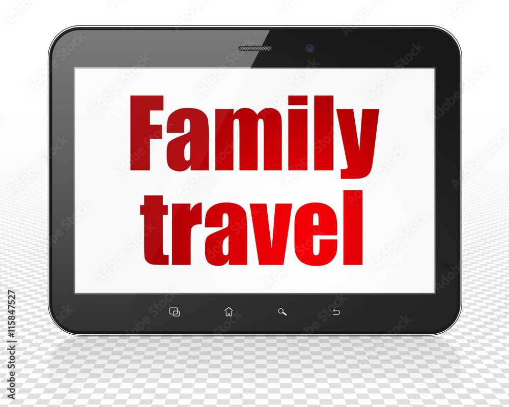 Vacation concept: Tablet Pc Computer with Family Travel on display Vacation concept: Tablet Pc Computer with Family Travel on display