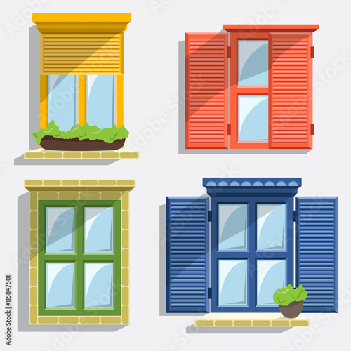 Window collection with blinds and flower pots. Flat illustration with blue, red, green and yellow colors.