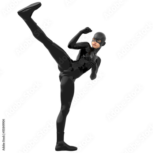 one young girl in a tight black super suit. In a combat pose. Kick with the right leg. Left