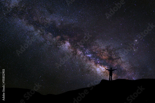 Landscape with milky way, Night sky with stars and silhouette of photo