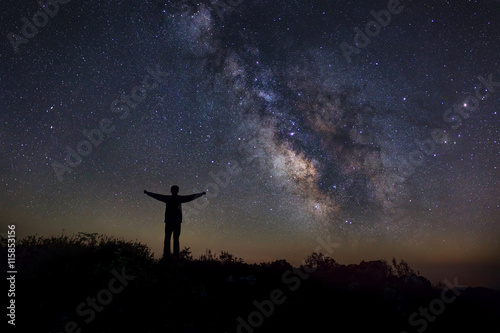 Landscape with milky way, Night sky with stars and silhouette of