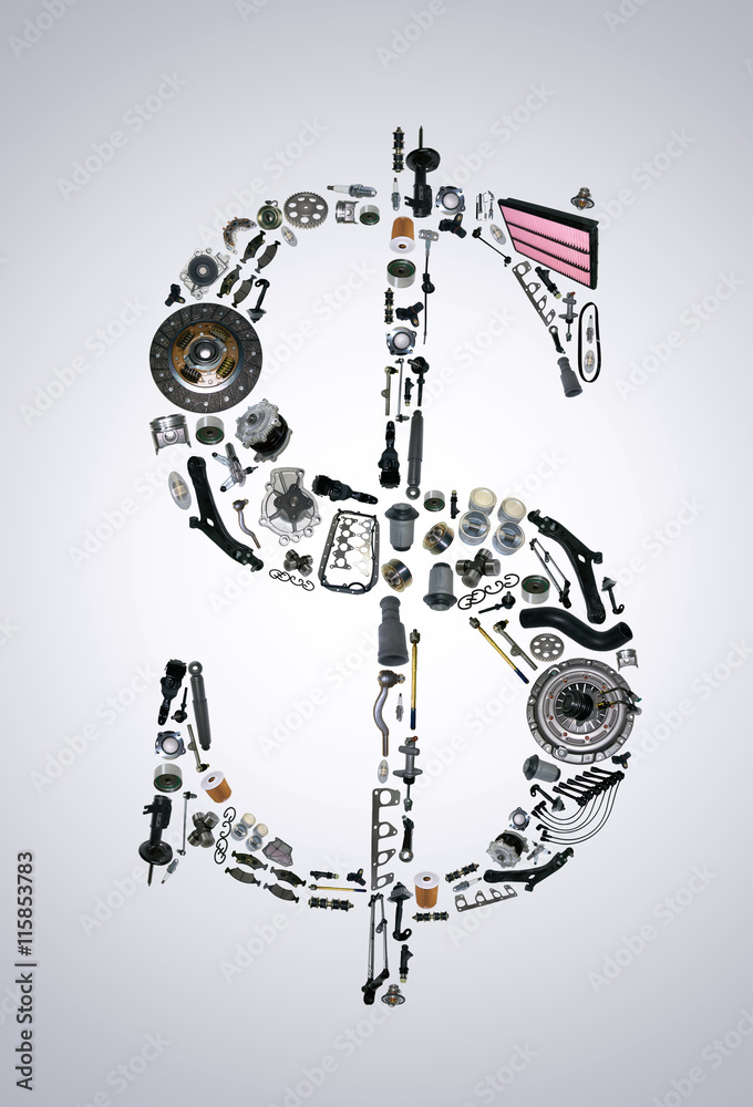 Dollar money with auto parts for car. Spare parts for car for shop, aftermarket OEM. Dollar icon. Many auto parts isolated in money dollar Dollar money with auto parts for car. Spare parts for car for shop, aftermarket OEM. Dollar icon. Many auto parts isolated in money dollar