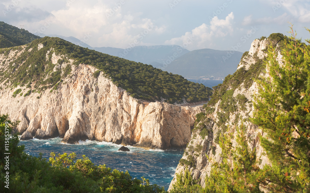 Beautiful cliffs at wild west coast of Lefkada and its southeast part Cape Lefkatas, Doukato, Greece