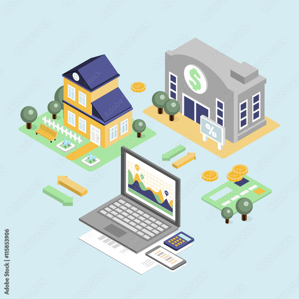Bank Credit and Home Loan Concept with Isometric House 