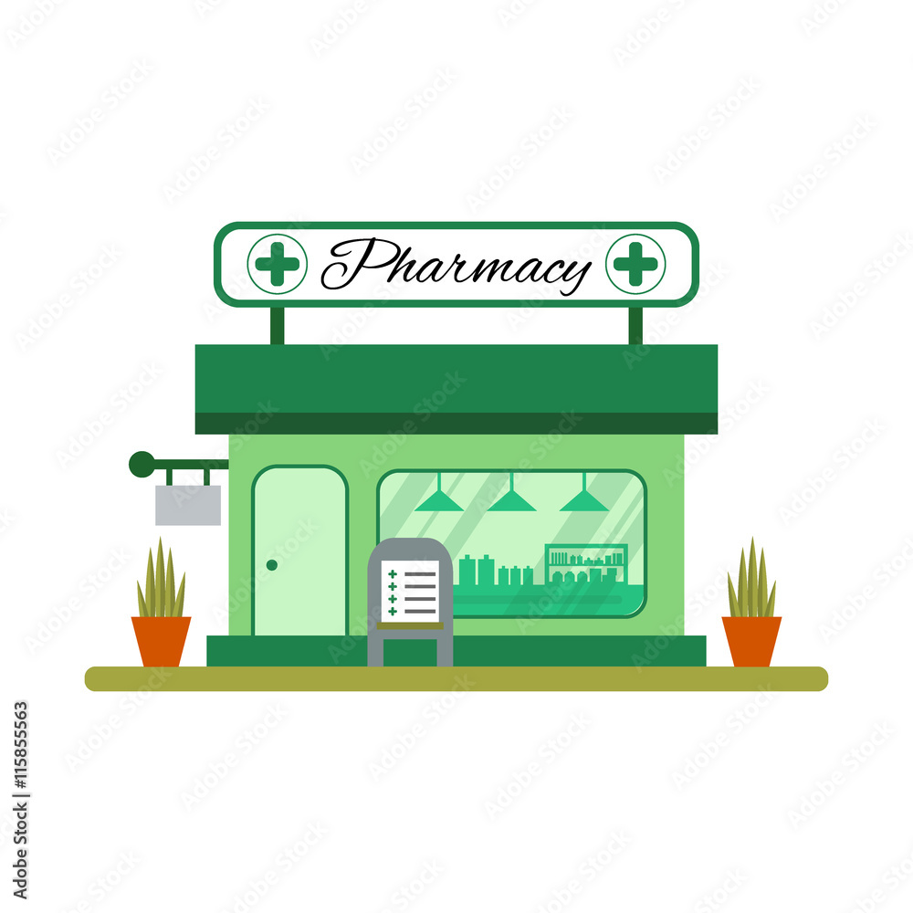 Pharmacy house icon in flat style. Drugstore vitrine - vector illustration.