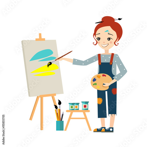Beautiful Artist Woman Painting on Canvas