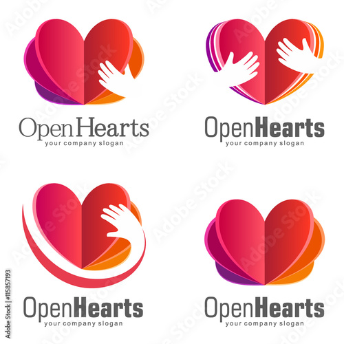 Vector Set of logos for charity. The work of volunteers. Open Hearts 