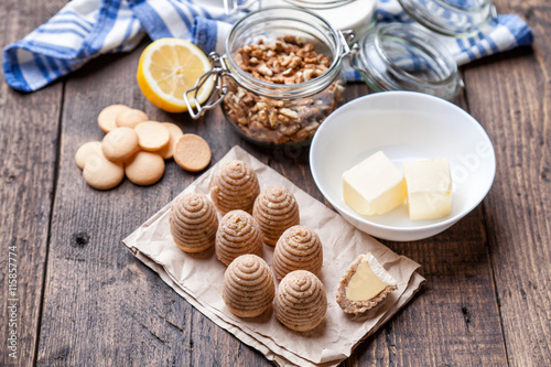 Traditional bee nest cake on wooden background