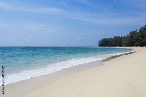 Beach sand sea with blue sky Summer holiday background