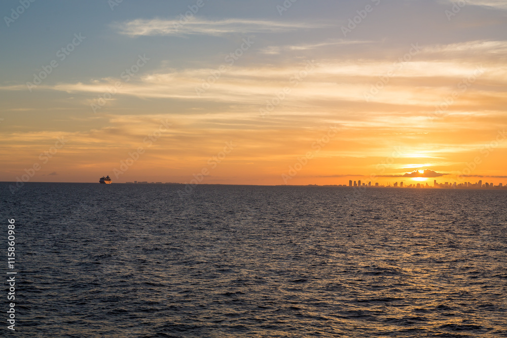 Miami at Sunset with Cruise Ship on Horizon Miami at Sunset with Cruise Ship on Horizon