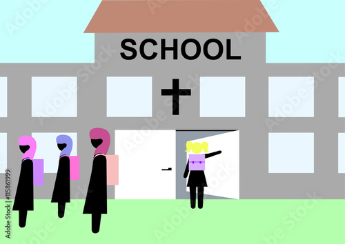 Illustration Laizismus; Religionsfreiheit; Trennung von Staat und Kirche; School; Kreuz; Schule; Konfession; Bekenntnis; Werte; Kopftuch