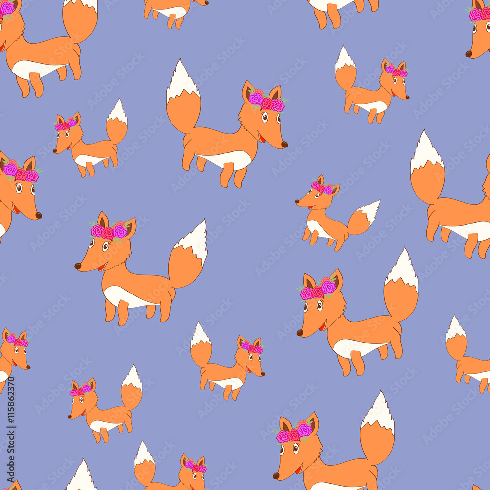 Fototapeta premium Cute vector fox seamless pattern. Cartoon fox. Cute fox with floral wreath.