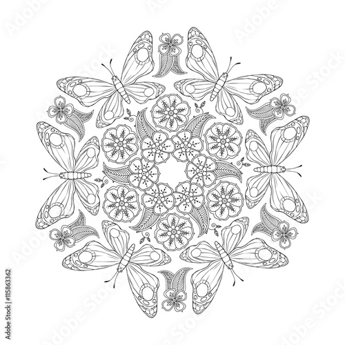 Monochrome Mendie Mandala with butterflies and flowers. Zenart inspired.