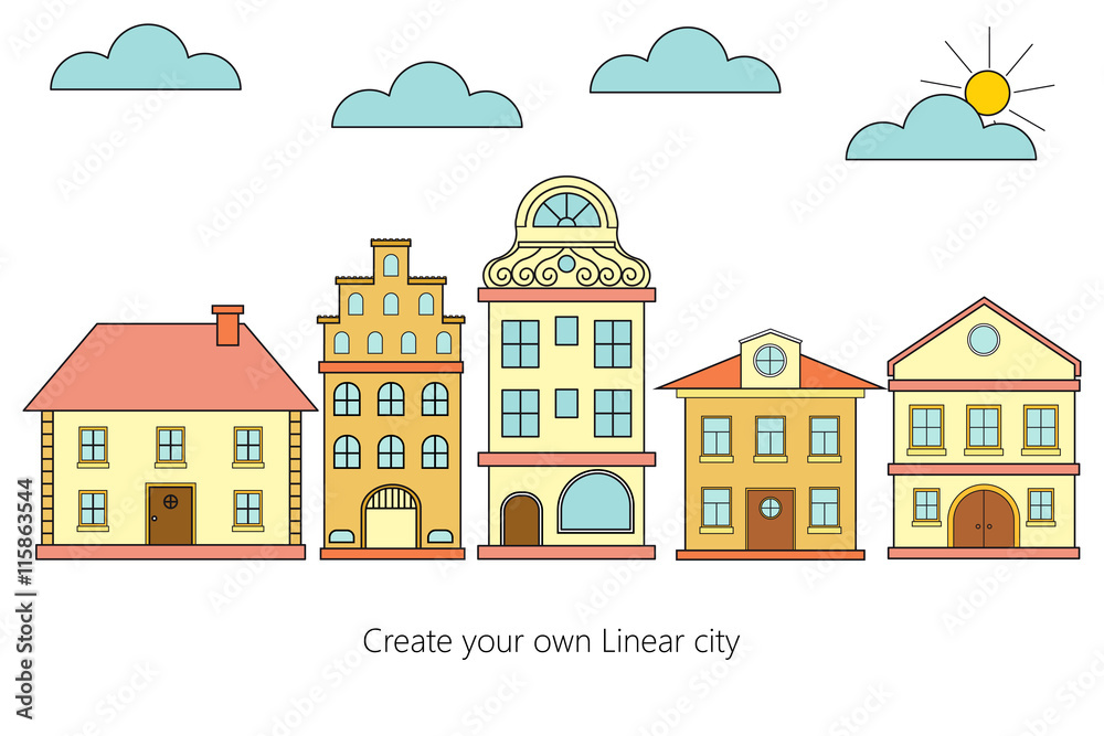 Vector set of linear buildings. Linear city collection.