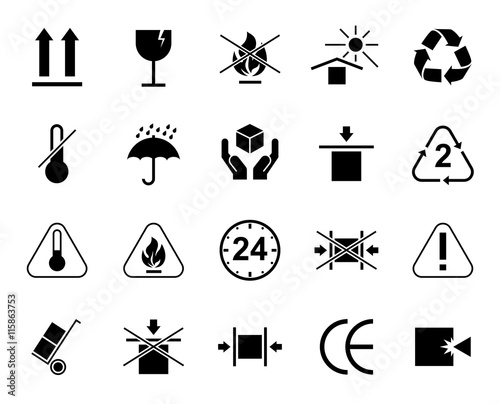 Set Of Packaging Symbols including fragile, to protect from the sun, processing, protected from moisture and other signs. Can be used on the packaging.