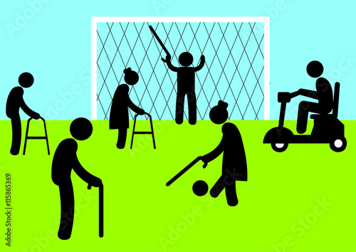 Illustration Überalterung; Senioren; Fußball; Gehhilfe; Krücke; Bevölkerung; Alter, Fitness