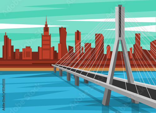 Warsaw panorama behind the bridge, landscape Poland