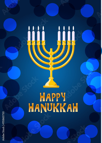 Happy Hanukkah lettering on bokeh background