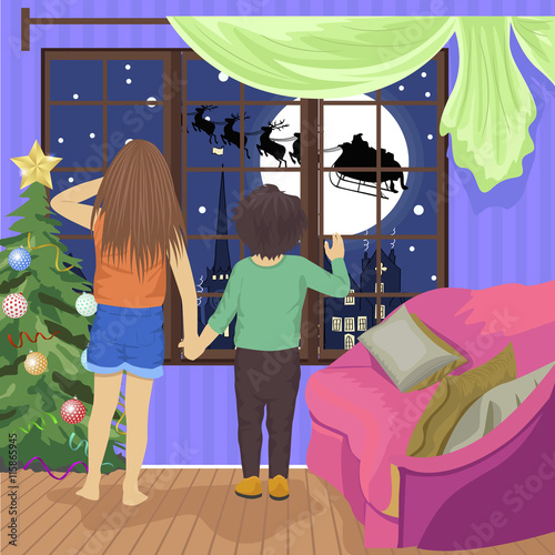 children watching Santa and his reindeer in flight on Christmas night