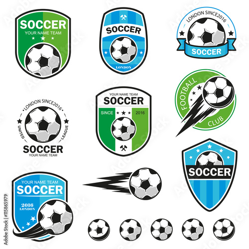 Vector illustration set of logos on football theme, as well as items for the game of football. It can be used as an emblem, logo and template for soccer tournaments.