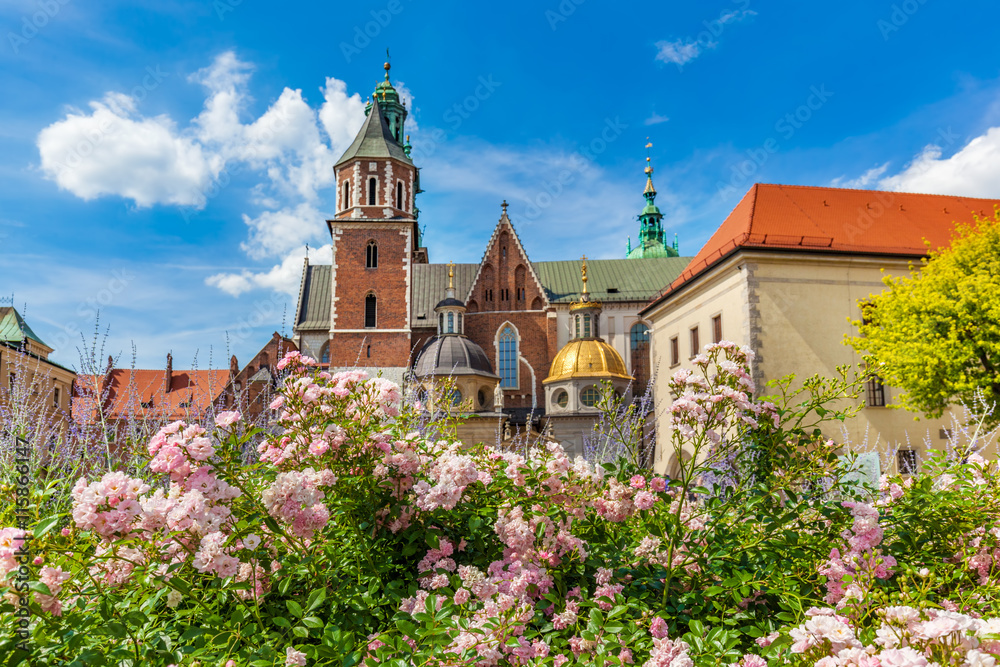 Wawel Cathedral, Cracow, Poland. View from courtyard with flowers.