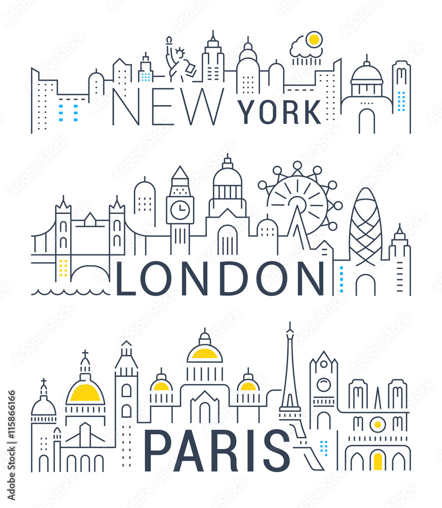 Set Vector Line Banners Paris, London and New York