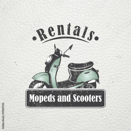 Rent, sale and repair - bicycles, mopeds and scooters. Bicycling Club. Detailed elements. Old retro vintage grunge. Scratched, damaged, dirty effect. Typographic labels, stickers, logos and badges.