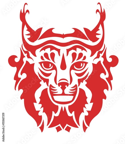 Flaming lynx head. Close-up of a stylized Eurasian Lynx's head in front of a white background    