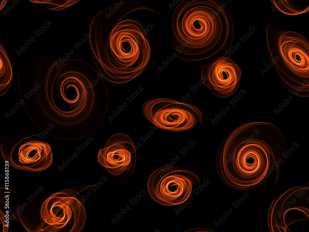 glowing red orange curved lines and sircles flowers over dark Abstract Background. seamless Illustration pattern.