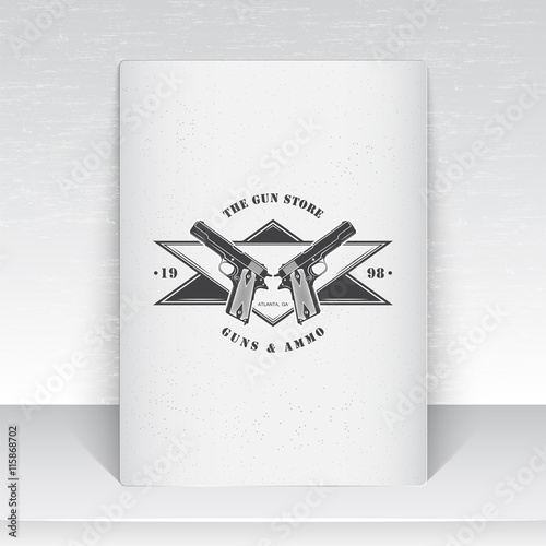 American gun shop. Firearms store. Hunting gun. Detailed elements. Scratched, damaged, dirty effect. Typographic labels, stickers, logos and badges. Sheet of white paper.