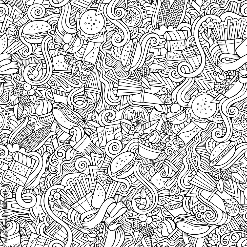 Cartoon hand-drawn doodles on the subject of fast food seamless pattern