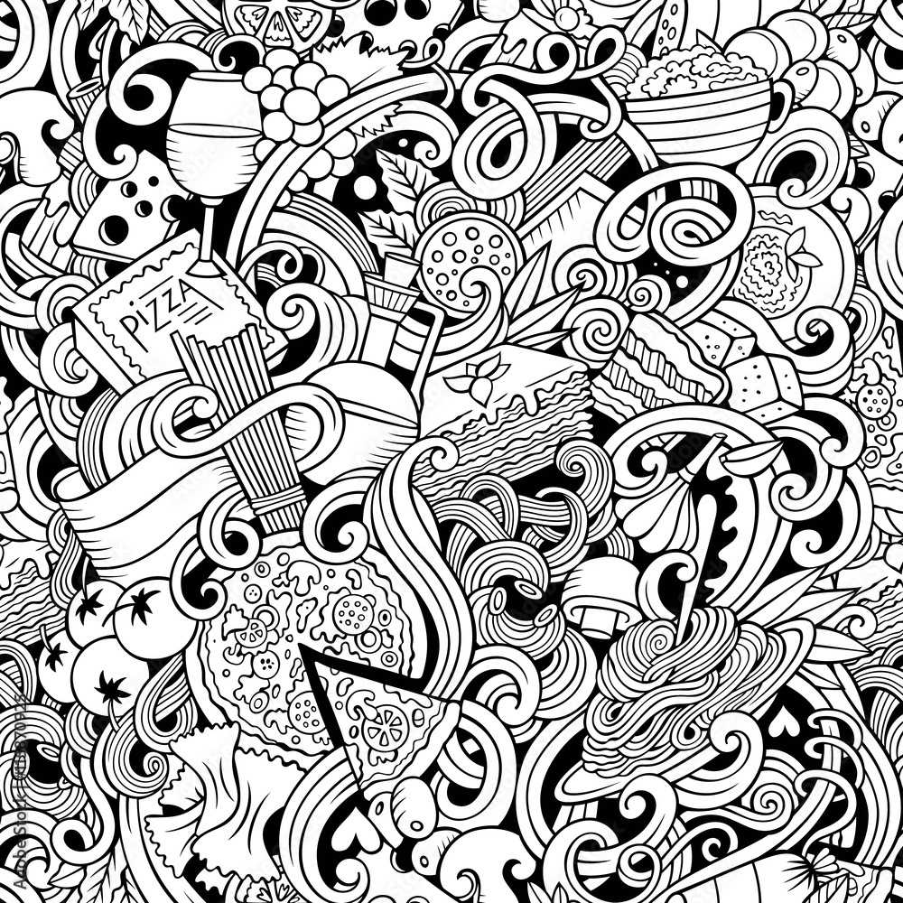 Cartoon hand-drawn doodles of italian cuisine seamless pattern Cartoon hand-drawn doodles of italian cuisine seamless pattern