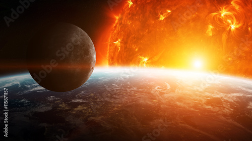 Fototapeta Naklejka Na Ścianę i Meble -  Exploding sun in space close to planet